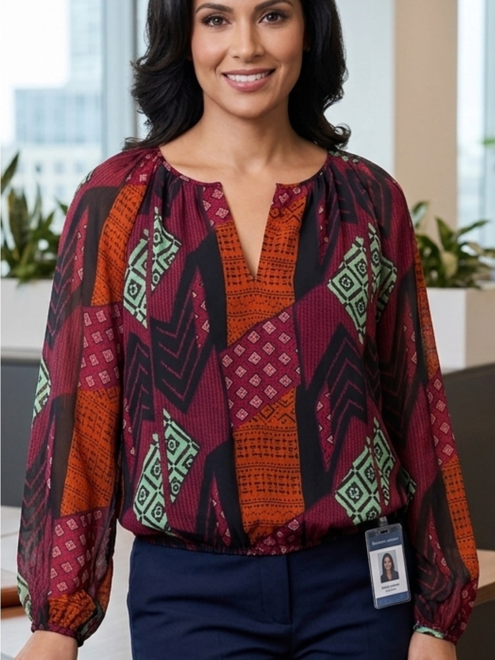 Diane Von Furstenberg Burgundy Multi Geometric Split-Neck Blouse